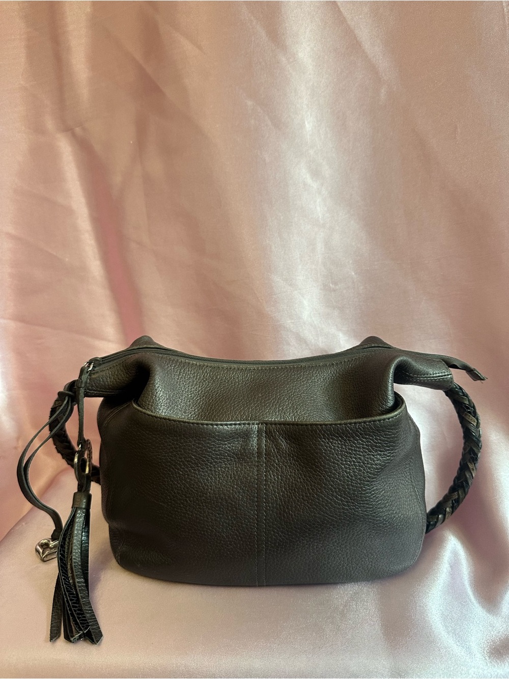 Brighton Black Leather Braided-Handle Shoulder Bag
